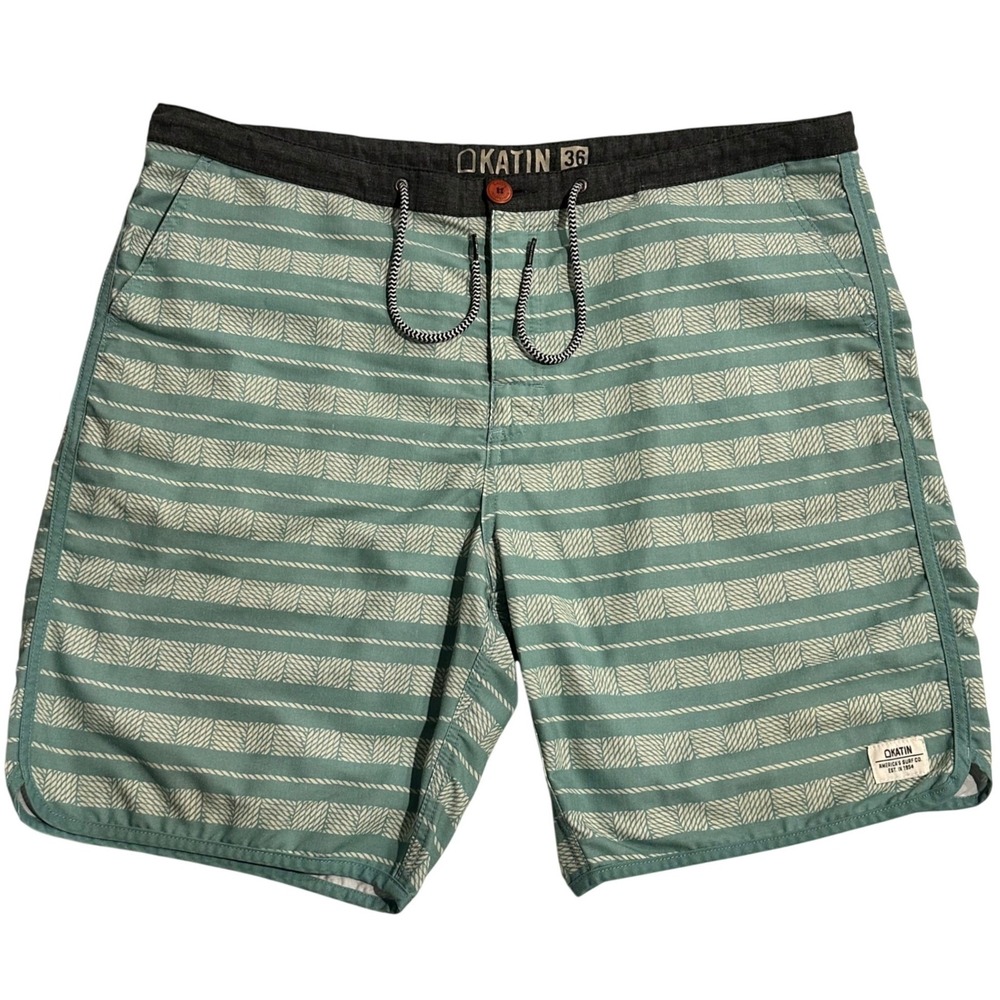 Katin Mens Board Shorts Size 36 Seafoam Green Stripe Stretch Surf Trunks
